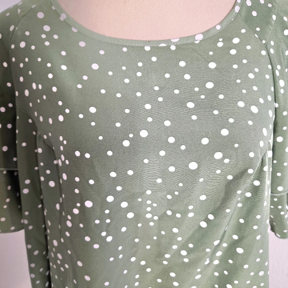 Sage Polka & White Polka-Dot Top, Ruffled, Layered Short Bell Sleeves, Size 1X